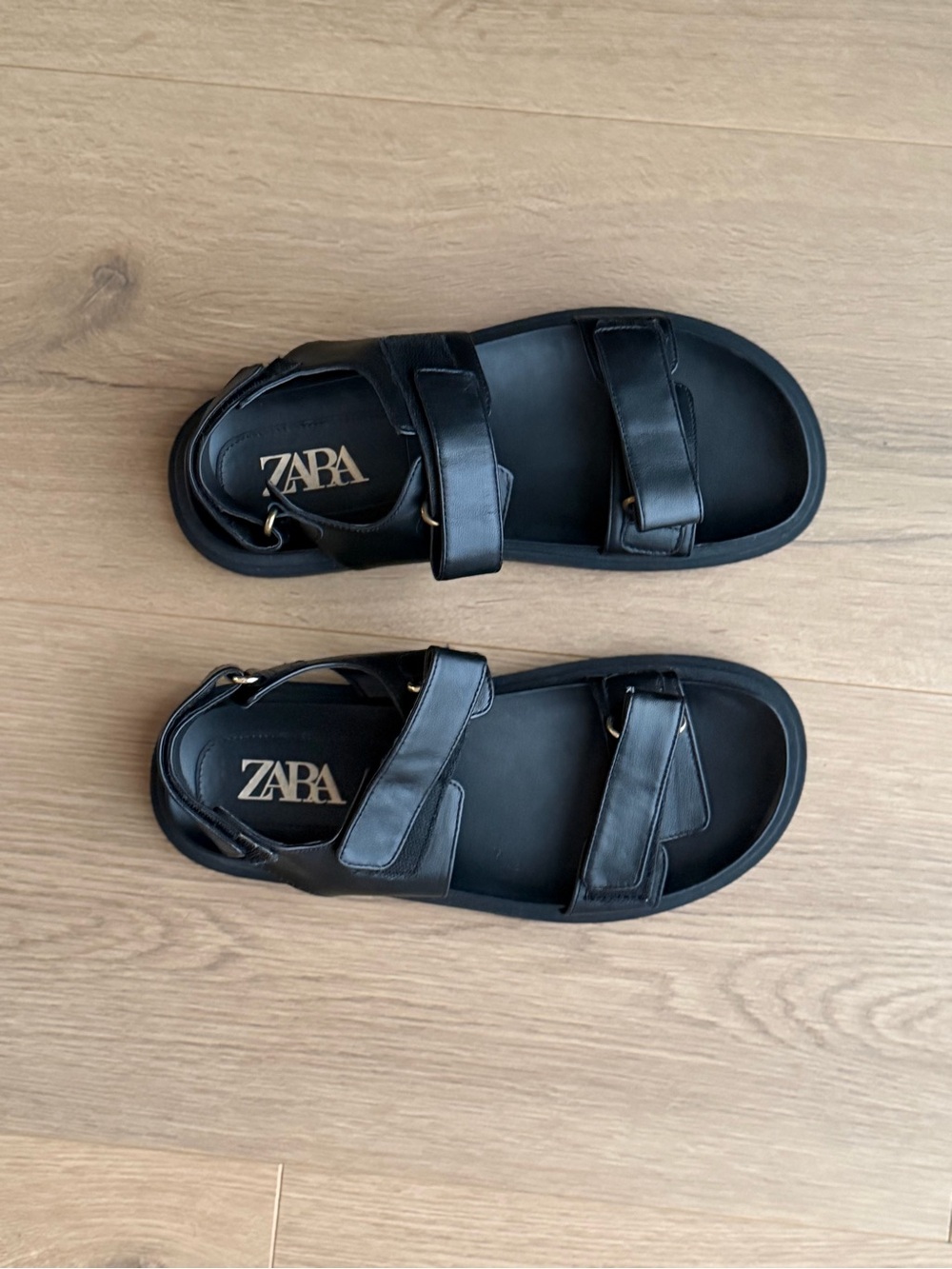 ZARA Black Leather Velcro Strap Sandals